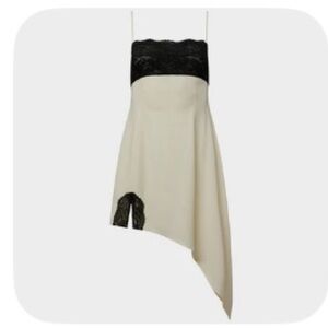 Lace Asymmetrical Slip Dress in Ecru & Black